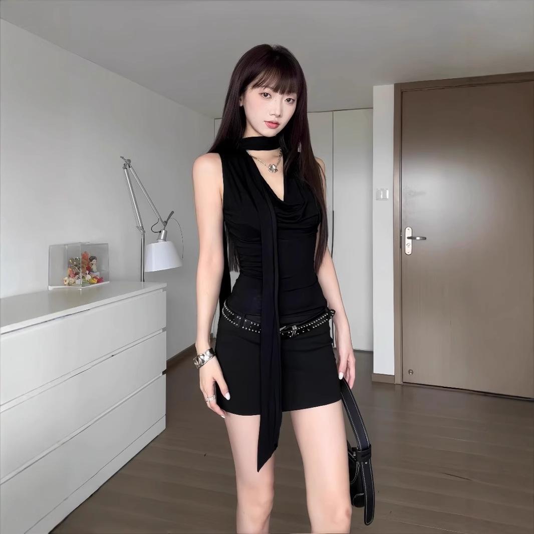 

Женское французское черное платье-бодикон с халтером в стиле Хепберн - Сексуальная летняя юбка, облегающая талию S with Belt чёрный