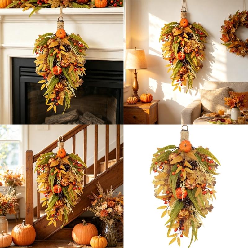 Halloween Wreath for Entry Door, Fall Seasonal Wreath with Display Loop for Entryway Wall or Porch, Elongated Wreath, Approx 27.6 Inch