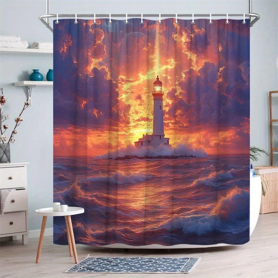 1pc Serene Lighthouse at Sunset Shower Curtain, Polyester Fabric, Machine Washable, with 12 Hooks, Tranquil Nature Design, Fashi W90xH180cm