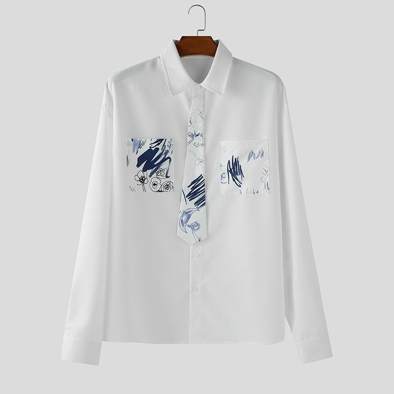 

INCERUN Men Tie Lapel Neck Long Sleeve Floral Print Casual Oversized Shirts 4XL белый