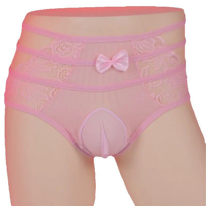 Men'S Sissy Panties Lace Sexy Bow Underwear Hollow See Through Lingerie Hip Lift Sheer Briefs High Waist Pouch Sheath Underpants