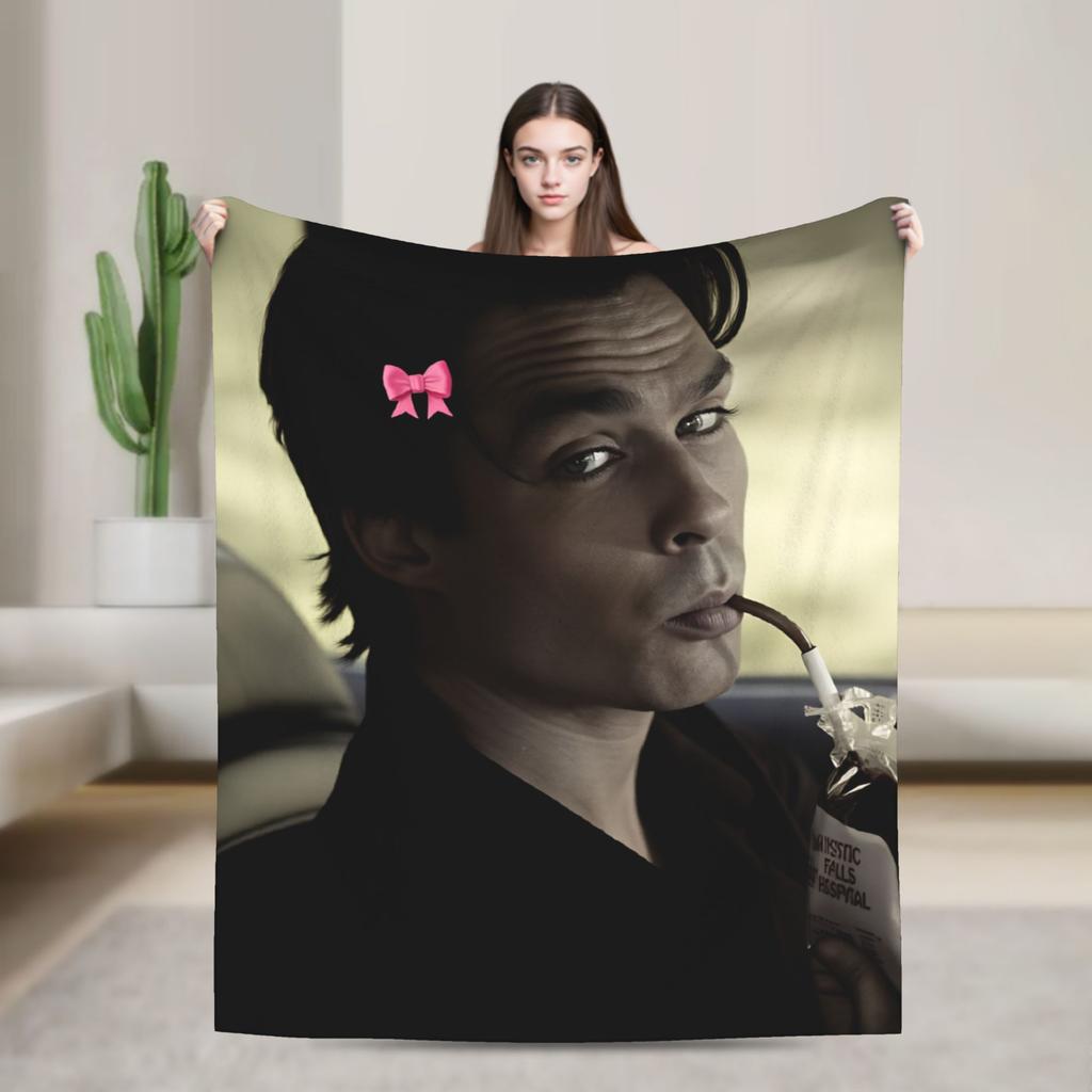 Damon Salvatore The Vampire Diaries Flannel Blanket Winter Super Warm Bedding Throws for Girls Boys Outdoor Bedspread Bed Cover