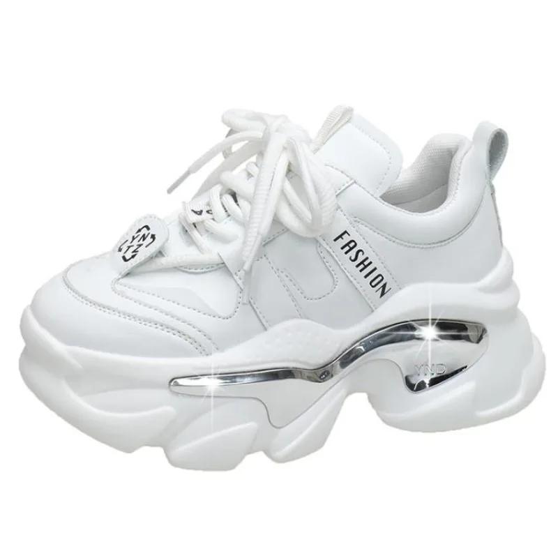 Fashion Top quality Women Genuine Leather Sneakers Autumn Lace up 6CM Platform Shoes Thick Sole Sport Walking Chunky Shoes Woman Spring