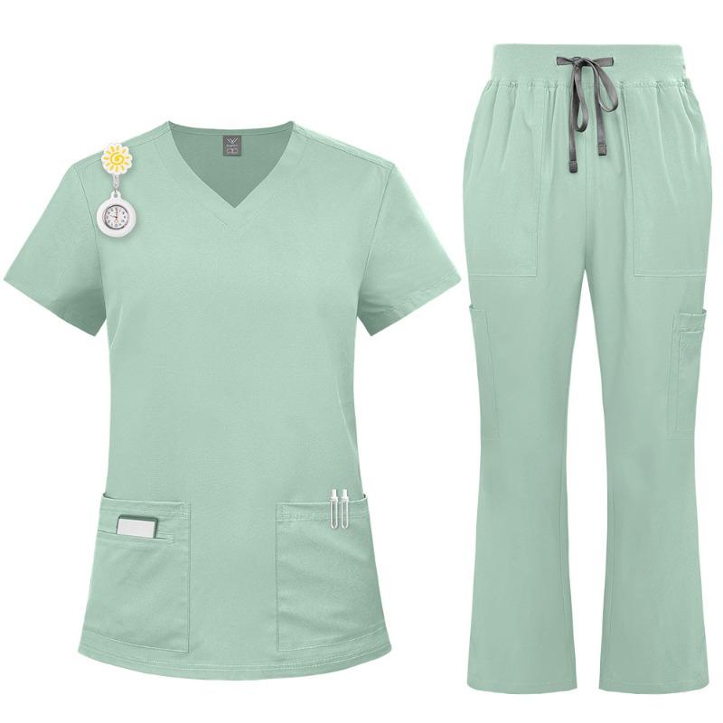 Summer Work Uniform Set Women Thin Pants Quick Dry V Neck Short Sleeve Top Home Outerwear
