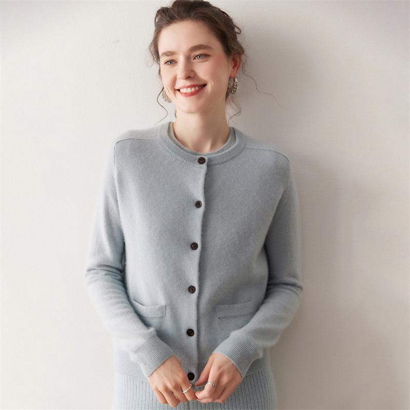 2026 Autumn/Winter Women's Cashmere Cardigan: Round Neck, Saddle Shoulder, Horn Button, Loose Knit Sweater