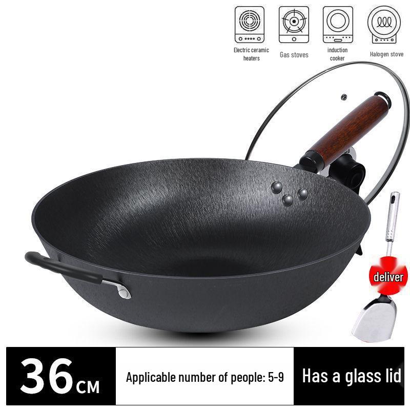 Traditioneller Gusseisen-Wok mit flachem Boden - Antihaftbeschichtet, keine Beschichtung, geeignet für Gas- und Induktionsherde.