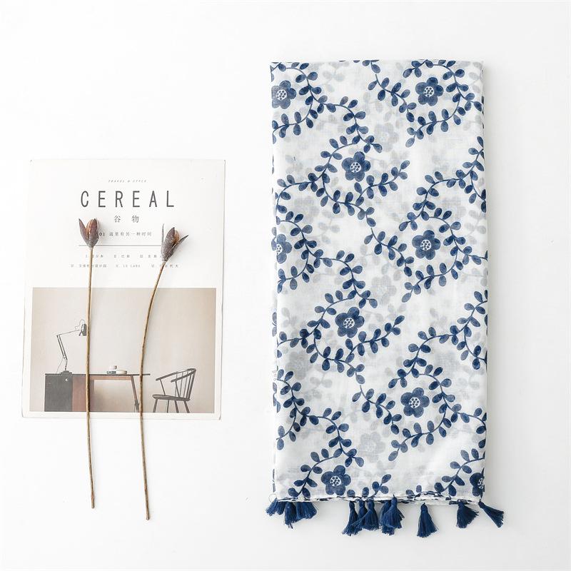 Four Seasons Cotton And Hemp Texture Scarf Retro Art Ethnic Style Blue Flower Balinese Silk Scarf Tourist Shawl