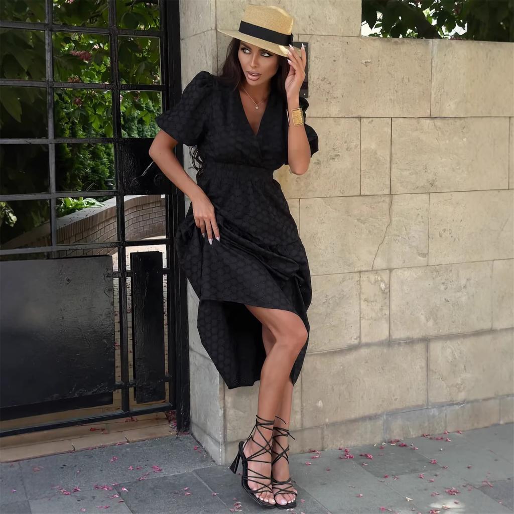 French V-neck Elegant Coffee Break Dress For Women With Hollow Design