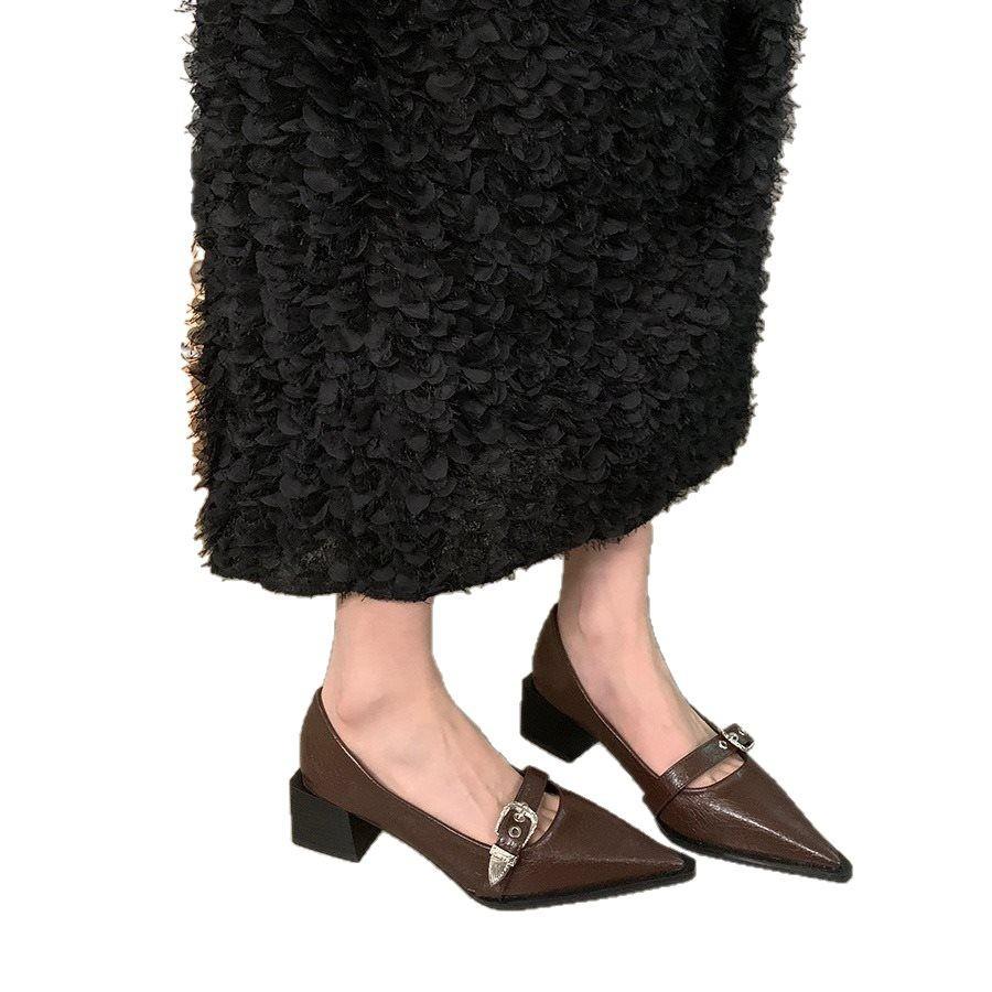 Spitze hochhackige Einzel-Schuhe Slipper Französische kleine Lederschuhe Retro Damen 2025 neues Modell schwarz dicker Absatz Koreanische Version Pendeln