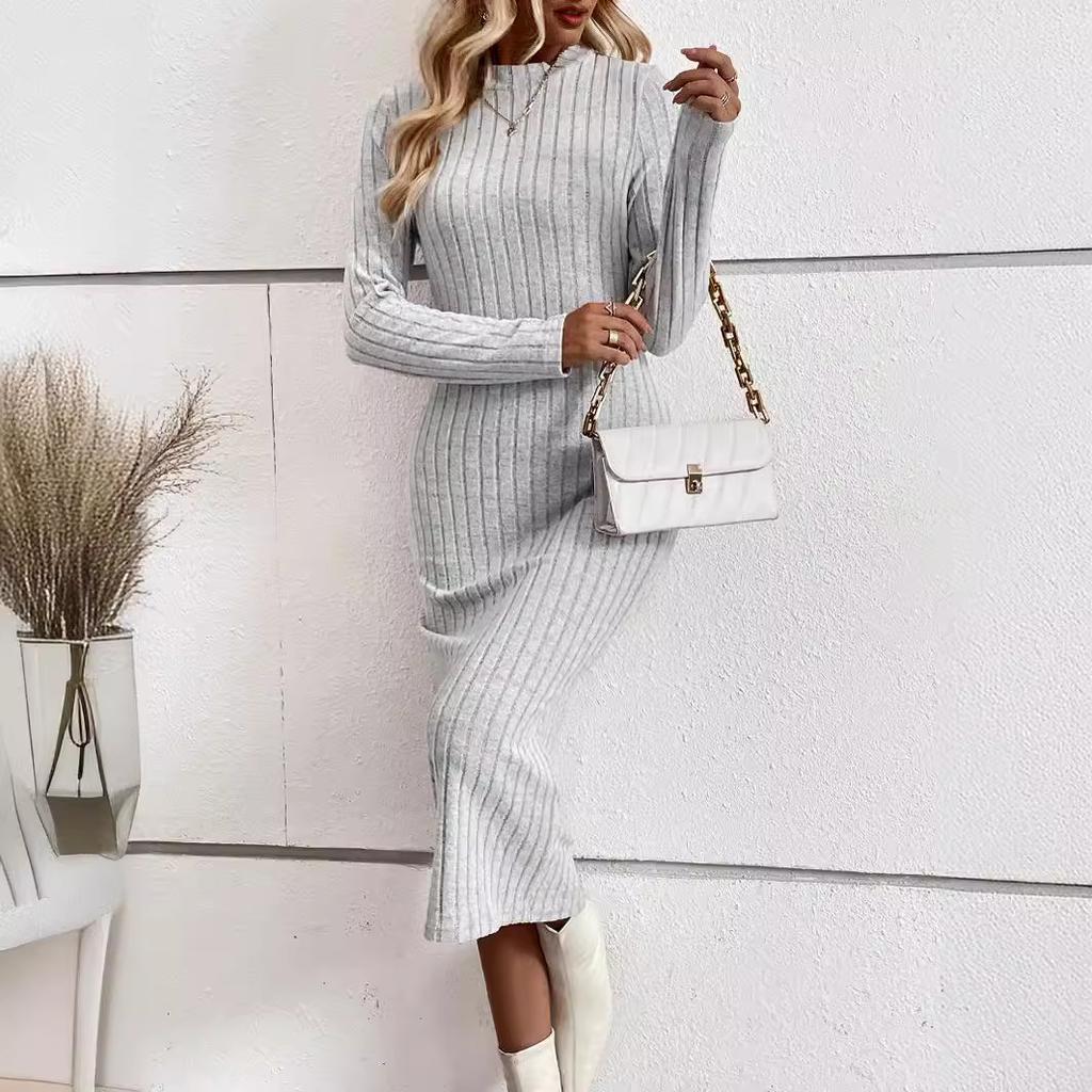 GMXIA Women's Fashion Autumn Winter Solid Color Print Long Sleeve O-Neck High Waist Casual Dresses