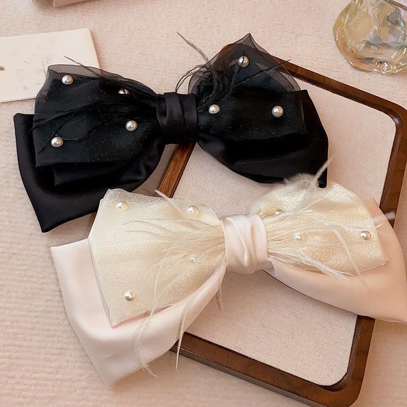 oversized bow mesh multi-layer pearl feather hairpin elegant spring clip fashion temperament versatile hair accessories