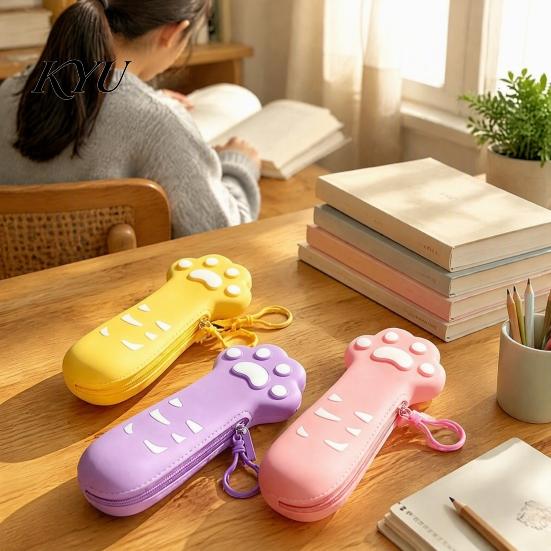 Silicone Cat Paw Pen Case Pencil Case, Large Capacity Stationery Organizer Portable Bag, Students School Supplies Storage Pouch with Zipper Bag