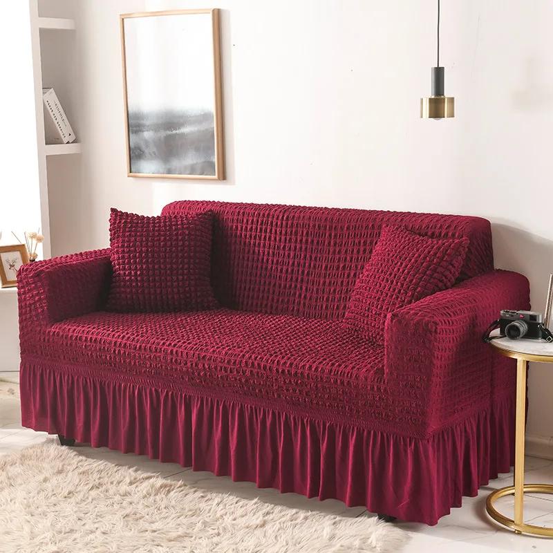 High Elastic Bubble Grid Sofa Cover 1/2/3/4 with Skirt Hem Universal Stretch Couch Protector for Home Living Room Pet Anti Dirt