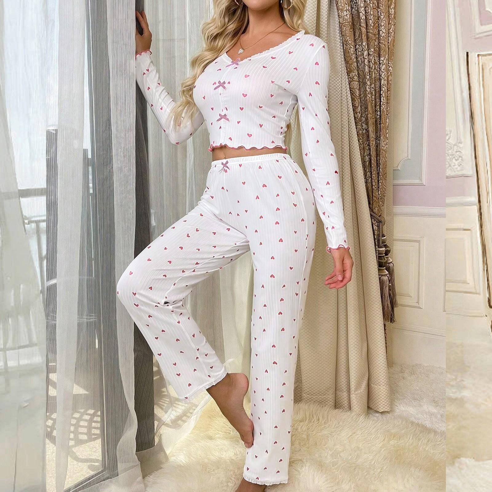 

Женская домашняя одежда пижама брюки с длинным рукавом свободная и удобная сексуальное кружево принт с сердечками V-образный вырез комплект из двух предметов XL розовый