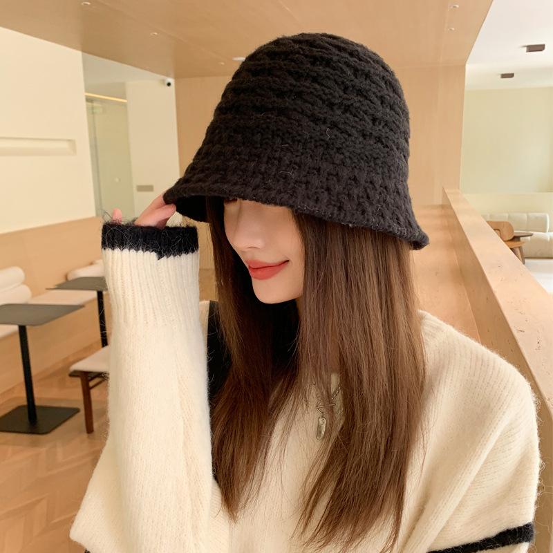 Autumn and Winter New Hollow Knitted Bucket Hat Versatile Face Small Fisherman Hat Simple Warm Basin Hat