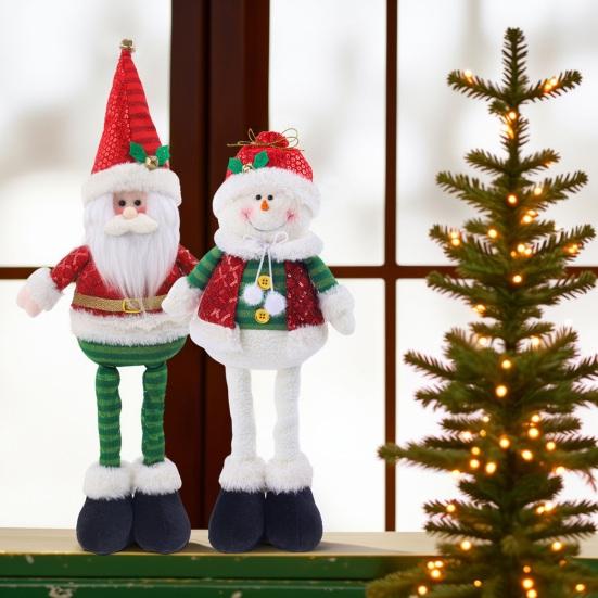 Christmas Plush Doll with Retractable Legs Handmade Standing Snowman Santa Claus Plush Toy Xmas Winter Holiday Party Decoration Ornament