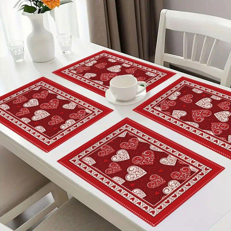 4/6pcs Valentine's Day Placemats, Red and White Heart Pattern Placemats, Suitable for Table Decoration, Romantic Polyester Placemats, Perfect for Vale