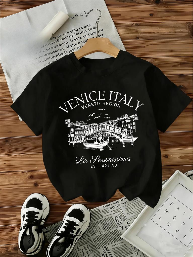 Vintage Tshirt Unisexs Y2k Style Tshirt Graphic Italian Venice Printed Short Sleeve Crew Neck Top Shirt Casual