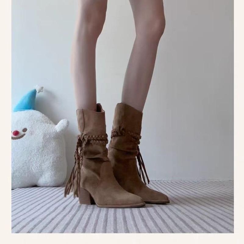 

Модные ретро сапоги-рыцари средней длины с кисточками 2025 Осень Новые сапоги на блочном каблуке для стройных женщин 42 коричневый