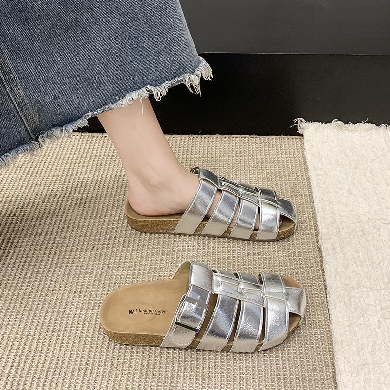 

Женские летние полушлепанцы с толстой подошвой, с закрытым носком, новые плетеные полые ретро сандалии-клетка серебристого цвета 40 серебряный