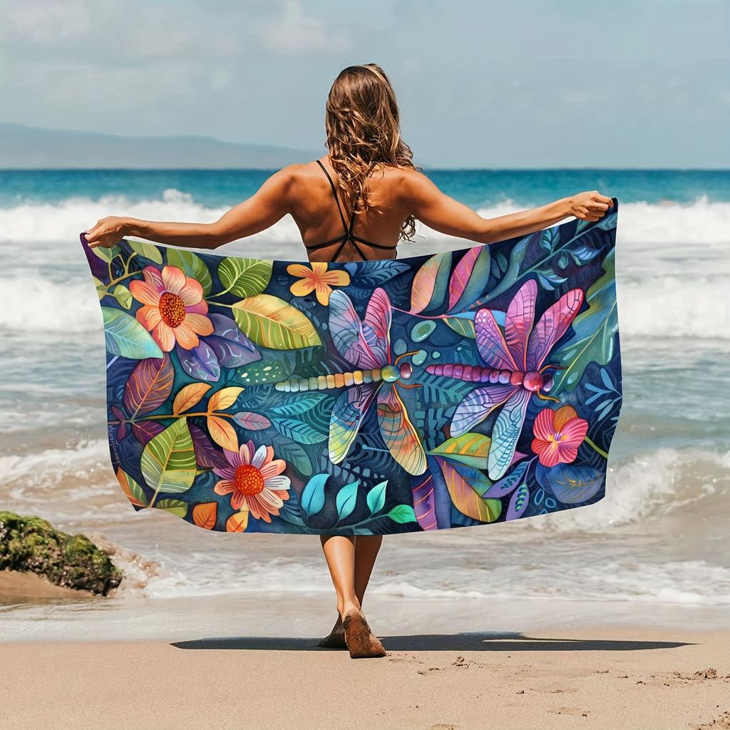 Serviette de plage en microfibre à séchage rapide avec imprimé floral libellule, serviette absorbante surdimensionnée botanique pour l'été, la natation et la piscine
