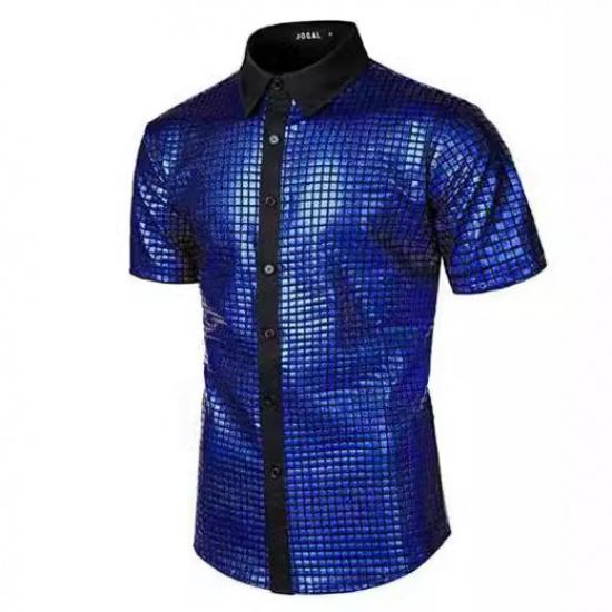 2025 Men'S Formal Dress Shirt Sequin Button Up Shirt Cosplay Costume Lapel Shiny T-Shirt Shirt