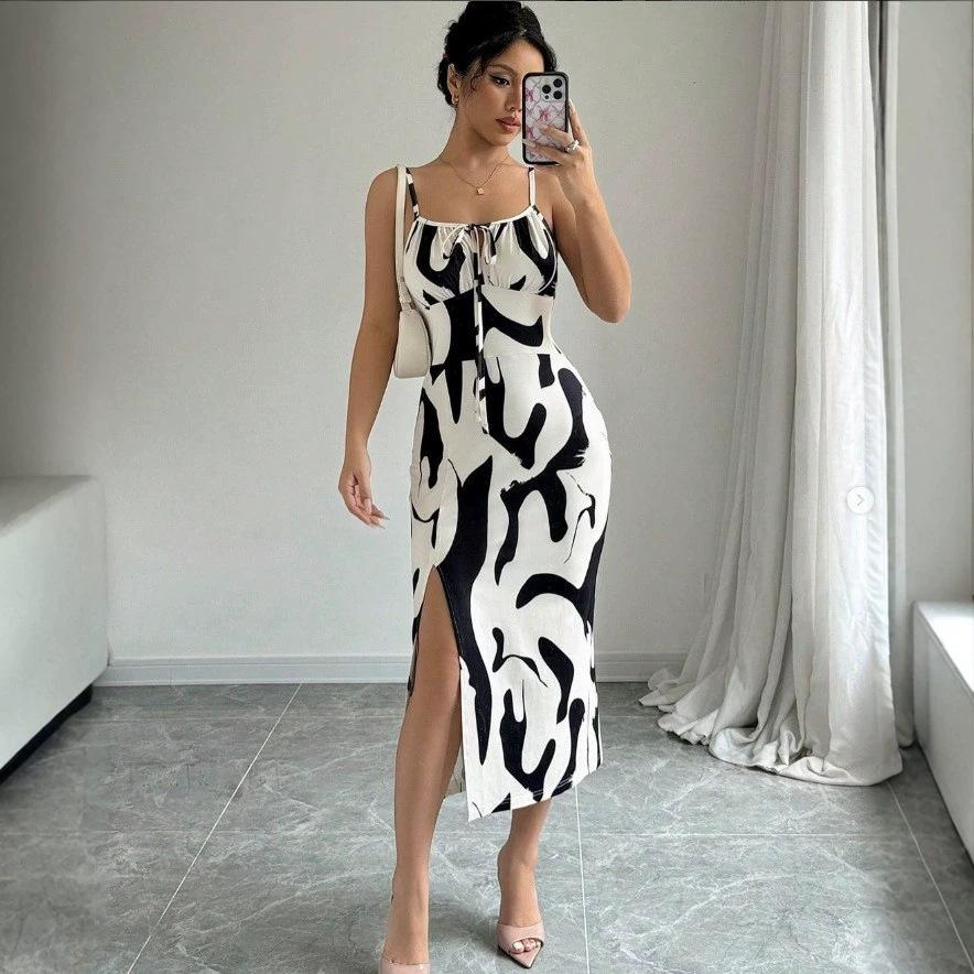 Women's Clothing European, American Spring and Summer New Fashion Printing Slim-fitting Suspender Split Dress Waist