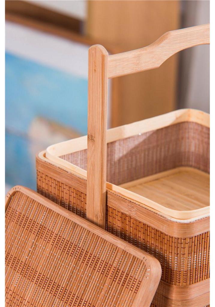 Antique-Style 2-Tier Bamboo Snack Basket with Handle