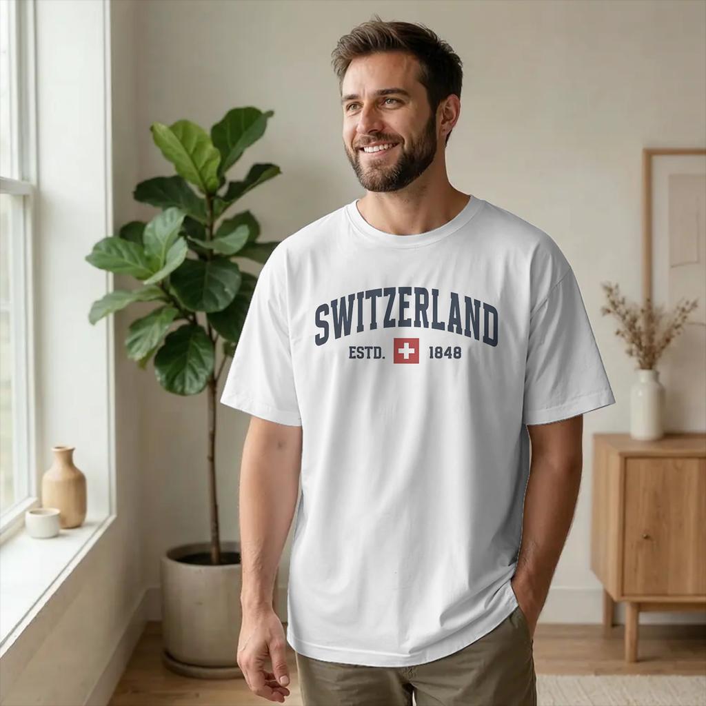 Men's T-Shirts Switzerland Swiss Flag Euro Trip Humor Cotton Tees Short Sleeve Europe T Shirts