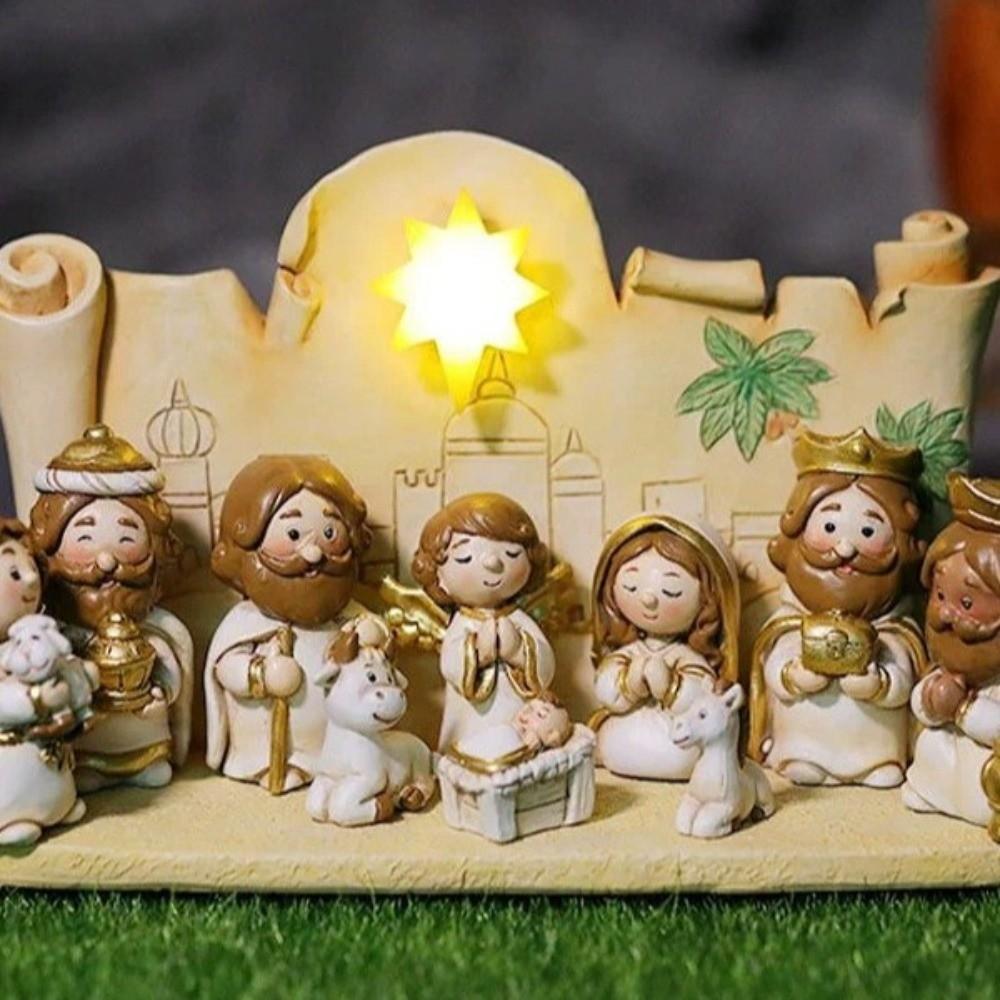 Resin Nativity Manger Ornament Cartoon Manger Group Nativity Figurine  Christmas Decoration