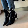 Beautiful CRY~! Huge and thin! Rhinestone buckle pointed thin high heel short boots elastic Martin boots single boots