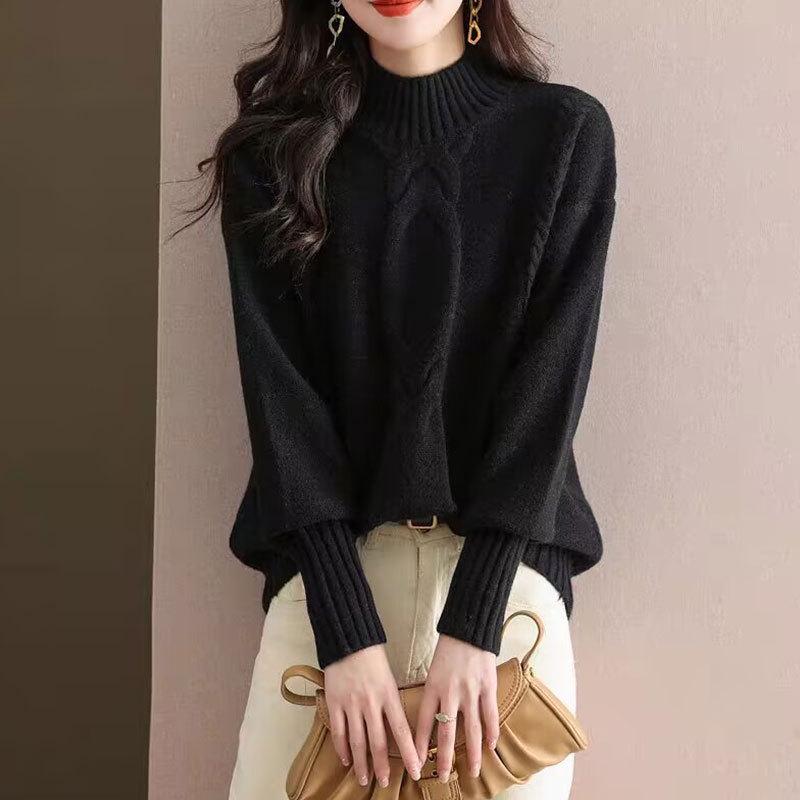 Women's Twisted Knit Half-High Neck Sweater - Autumn/Winter Loose Slimming Style