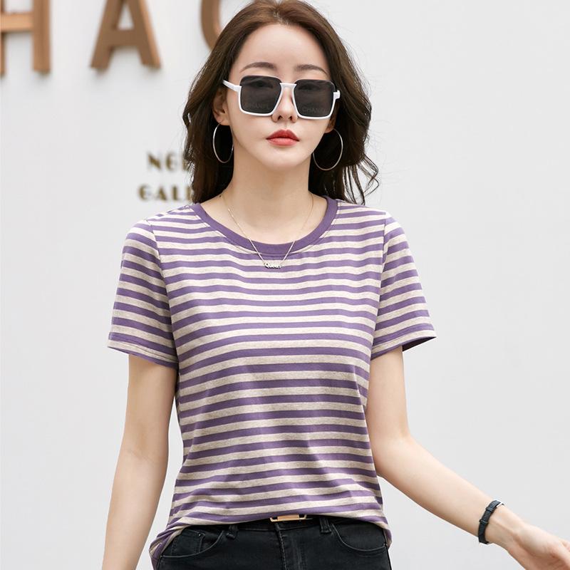 366 Sommer Gestreiftes Retro Lockeres Color Block T-Shirt - Koreanischer Stil Rundhals Kurzarm