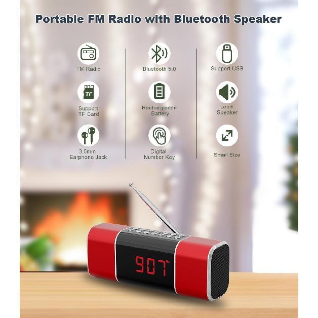 Kleines digitales FM-Radio mit Bluetooth-Lautsprecher, tragbares wiederaufladbares USB/SD-Karten-MP3-Player-Radio mit drahtlosem Lautsprecher und Kopfhöreranschluss