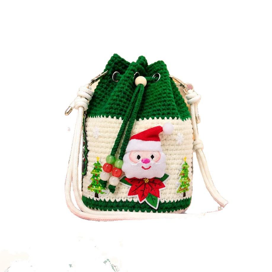 Christmas Crochet Bag Santa Drawstring Bucket Bag Handmade Yarn Holiday Gift Pouch