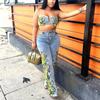 Women's Slim Fit Two-Piece Matching Set Sleeveless Spaghetti Strap Top High Waist Flare Jeans Floral Print Streetwear Denim Suit