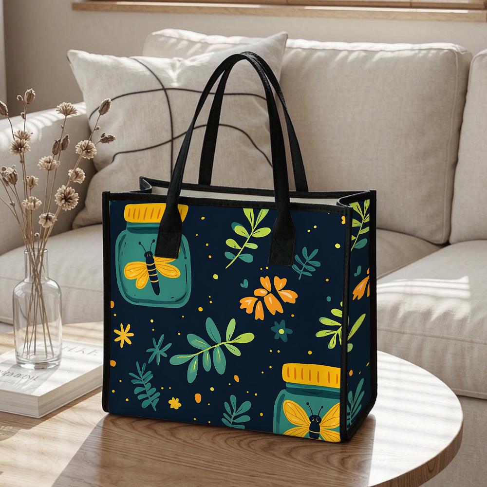 Cute Bee Floral Canvas Tote Bag Casual Daily Reusable Shopping Handbag for Outdoor Travel