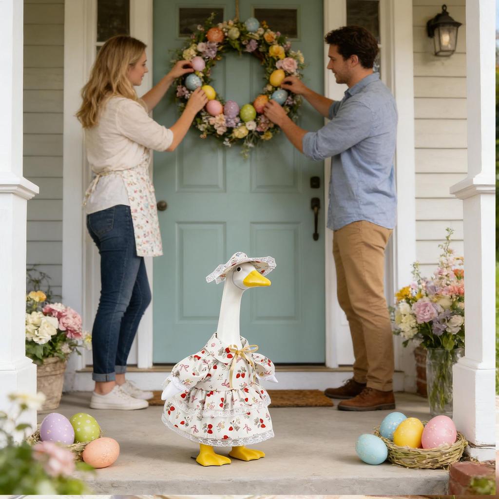 Porch Goose Outfits 23inch Spring Pastoral Dress with Hat Goose Clothes Lawn Ornament Statue Clothing for Garden Yard Decor