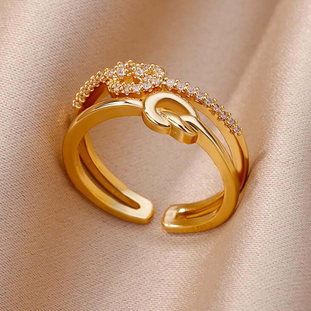 18K Gold Plated Open Ring with Zirconia Leaf Design - Luxurious, Non-Fading, Ideal for Women