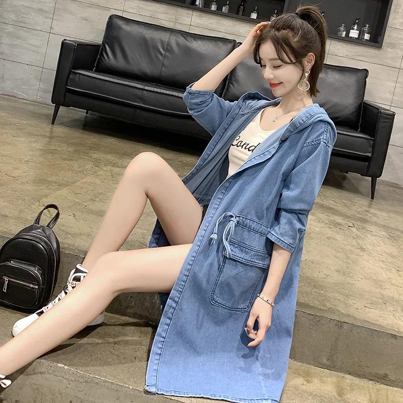 European Autumn Hooded Denim Trench Coat: New Arrival, Long-Sleeved, Single-Breasted.