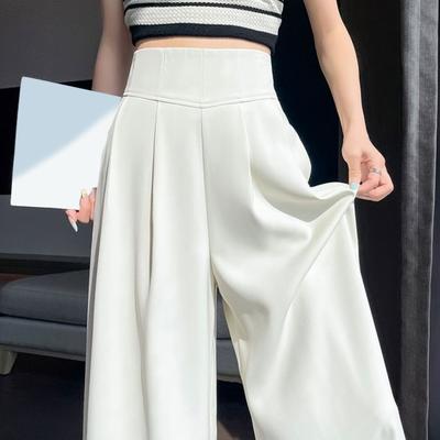 Women Pants Elastic High Waist Wide Leg Casual Trousers Pure Color Loose Fit Office Lady Long Pants Daily Wear