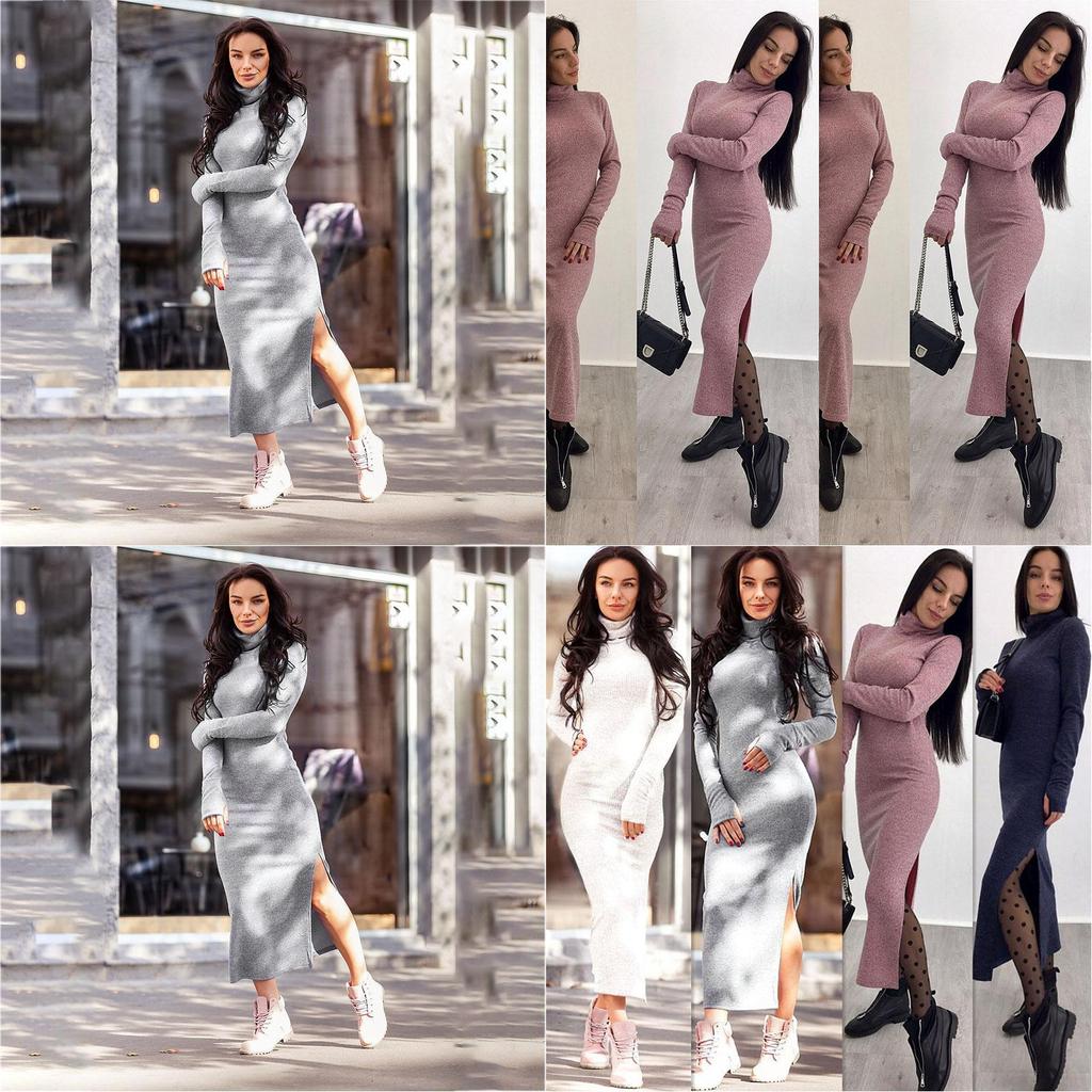 Luxurious Autumn And Winter Women's High Collar Sweater Dress In Solid Color