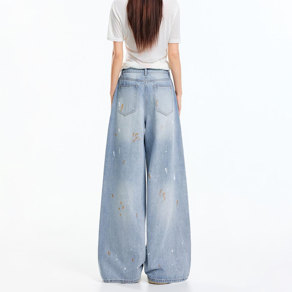 Light Blue Ink Splashing Straight Jeans Women's Summer Thin American Retro Loose and Thin Wide-leg Pants
