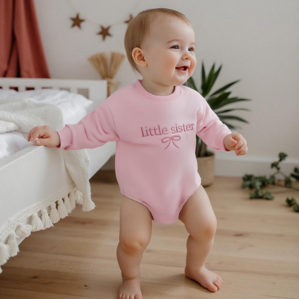 Baby Girl Romper Long Sleeve Crew Neck Bow Letter Embroidery Bodysuit Fall Outfit