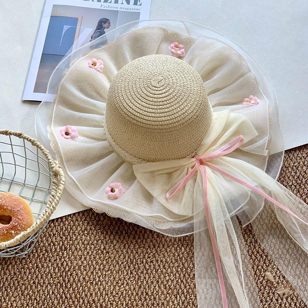 Flower Sun Hat Big Bowknot Wide Brim Hat Lolita Sun Protection Hat Sun Shading