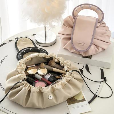 Drawstring Makeup Bag Large Capacity Portable Handle Waterproof Faux Leather Multifunctional Travel Toiletry Cosmetic Pouch Organizer Case