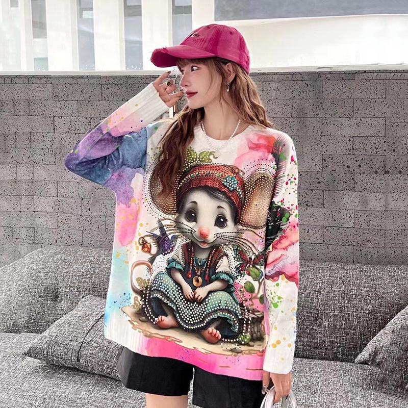 Women's Cartoon Rhinestone Long Sleeve Sweater - Chic Korean Style Loose Knit Round Neck Top for Autumn/Winter