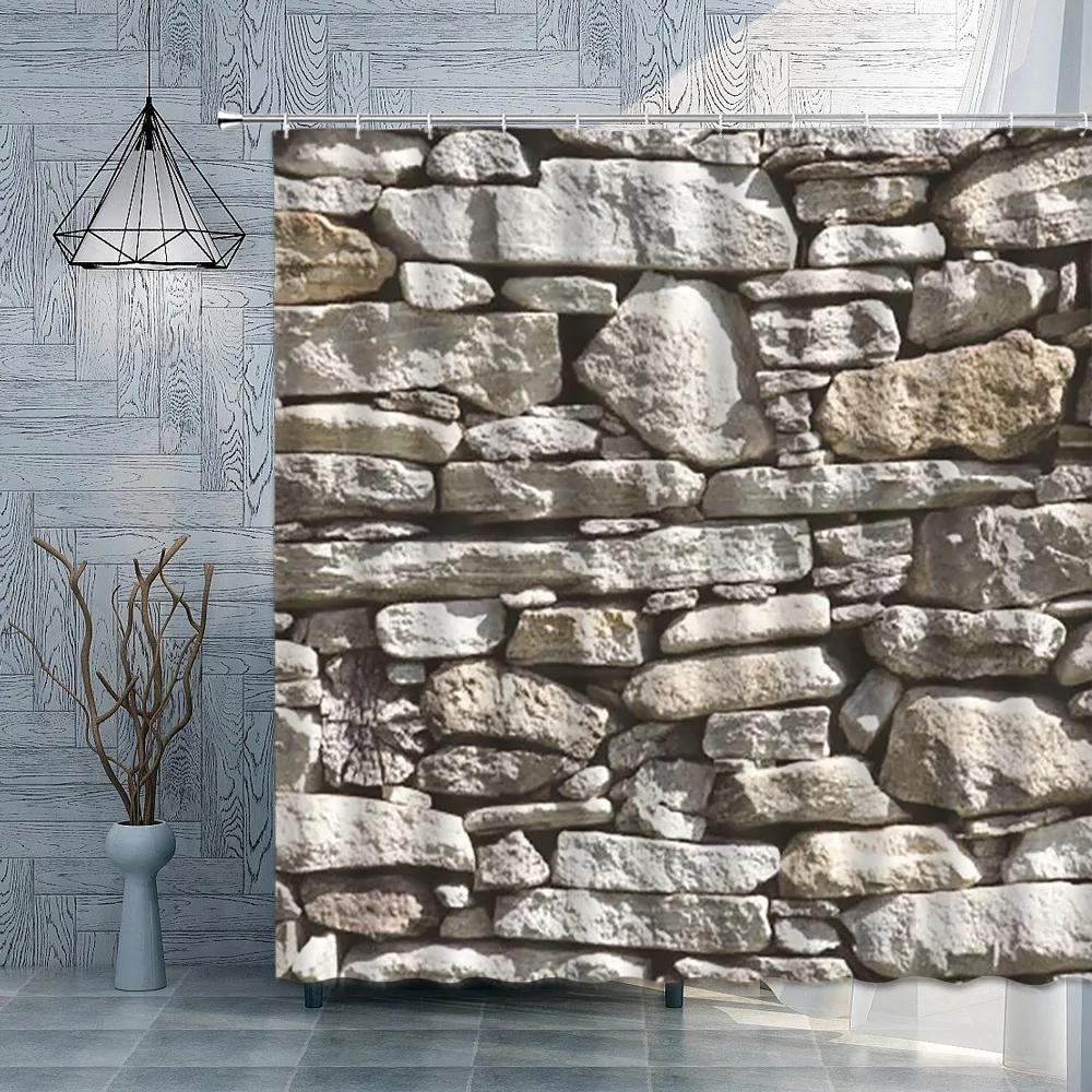 

Brick Stone Wall Shower Curtain Vintage American Country Retro Printing Pattern Garden Background Screens Custom Bathroom Decor W90XH180cm