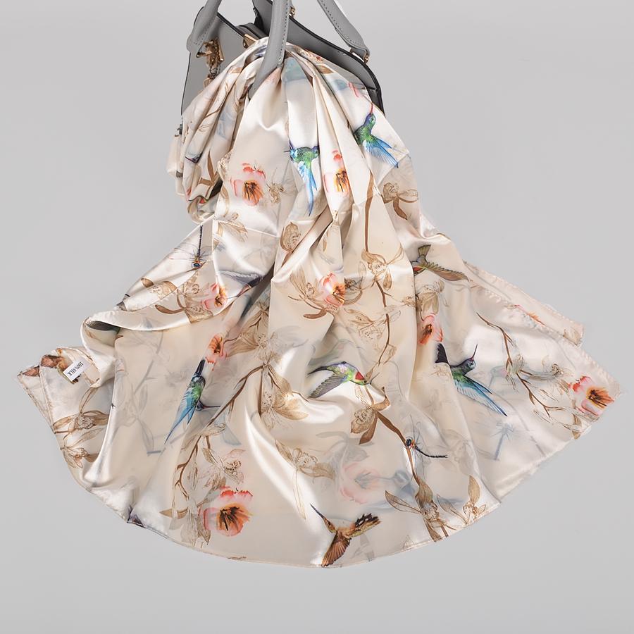 [BYSIFA] Fall New Silk Scarf Hijab Printed Elegant Green Plum Blossom Satin Long Scarves Shawls Winter Women Accessories Wraps