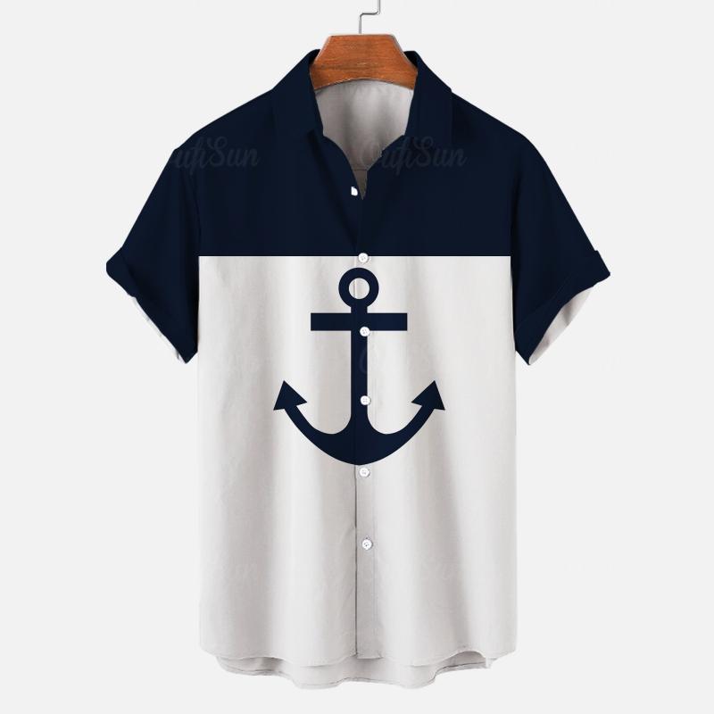 Summer Casual Men Shirts, Navy White Marine Element Fabric Texture Print, Multiple Stitching Design Loose Breathable Open Front Shirts